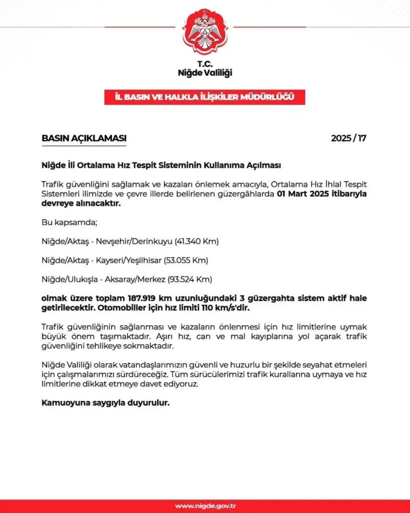 Niğde’de Hız Kontrol Sistemi Başlıyor