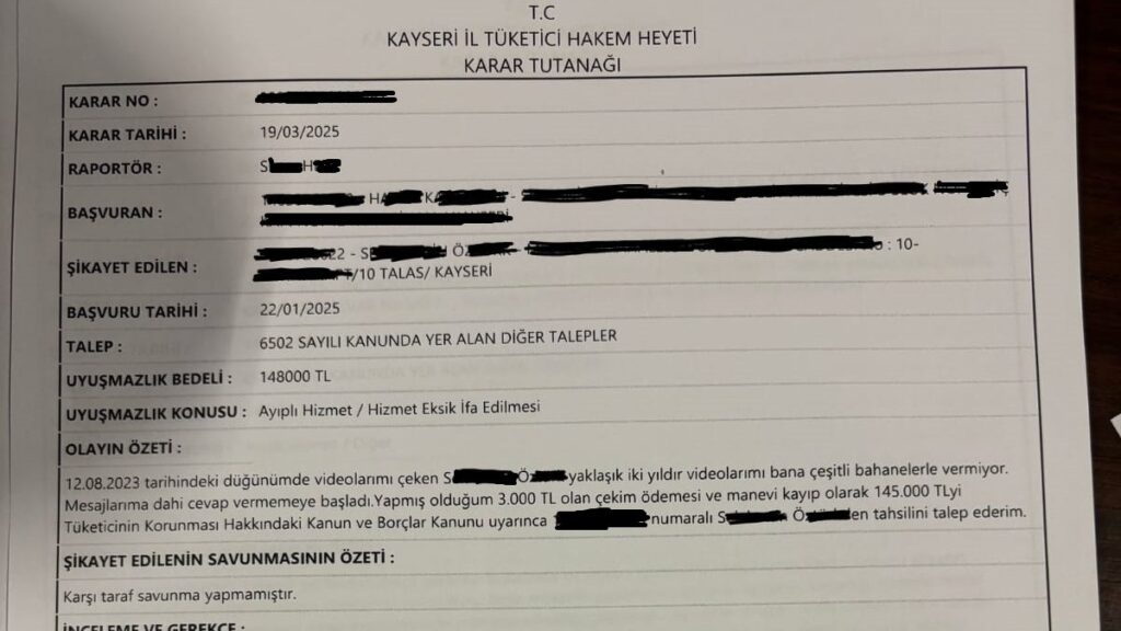 Kayseri’de çekimi yapılıp verilmeyen düğün görüntüleri için 53 bin TL tazminat