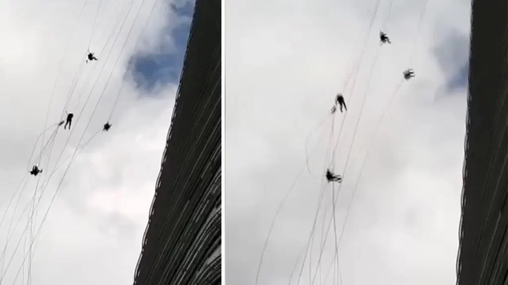 Metrelerce yüksekte dehşet anları: İşçiler fırtınada savruldu!