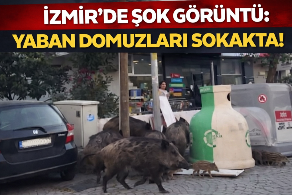 İZMİR’DE ŞOK GÖRÜNTÜ: YABAN DOMUZLARI SOKAKTA!